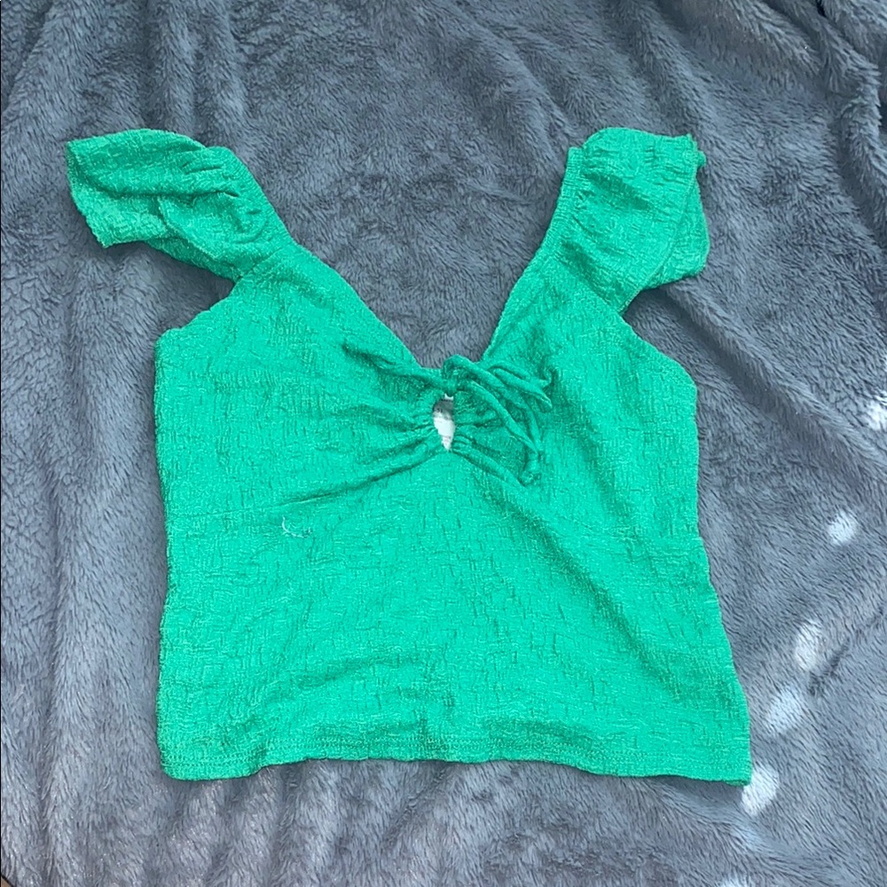 No Boundaries Green Flutter Sleeve Blouse with Tie Front